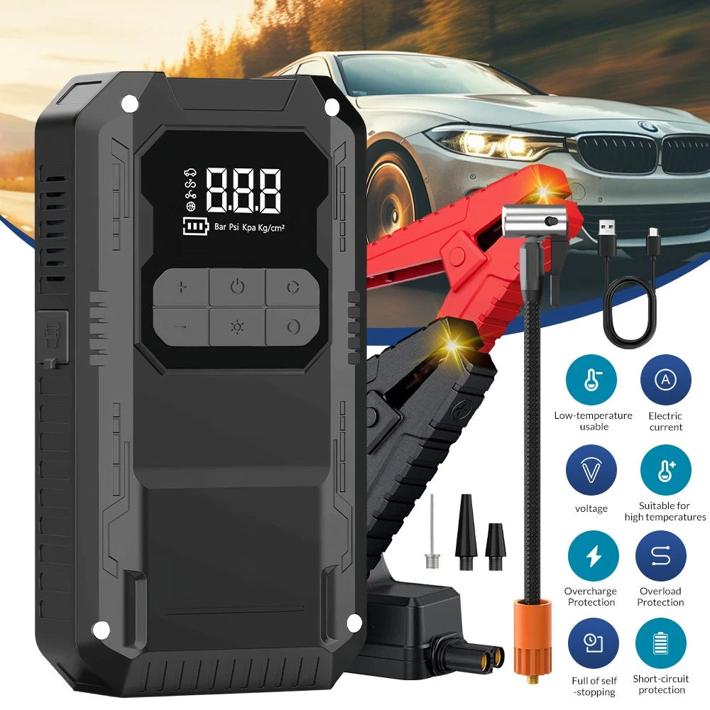Ultimate 4-in-1 Car Essential: Jump Starter, Air Pump, Power Bank and Flashlight!