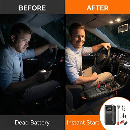 Ultimate 4-in-1 Car Essential: Jump Starter, Air Pump, Power Bank and Flashlight!