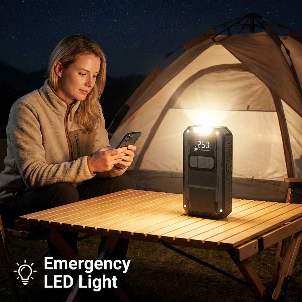 Ultimate 4-in-1 Car Essential: Jump Starter, Air Pump, Power Bank and Flashlight!