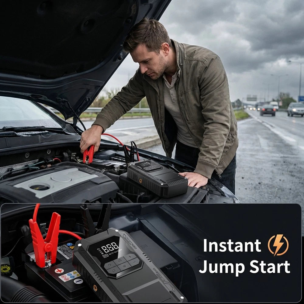 Ultimate 4-in-1 Car Essential: Jump Starter, Air Pump, Power Bank and Flashlight!
