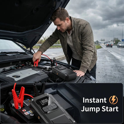 Ultimate 4-in-1 Car Essential: Jump Starter, Air Pump, Power Bank and Flashlight!
