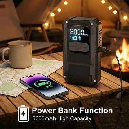 Ultimate 4-in-1 Car Essential: Jump Starter, Air Pump, Power Bank and Flashlight!